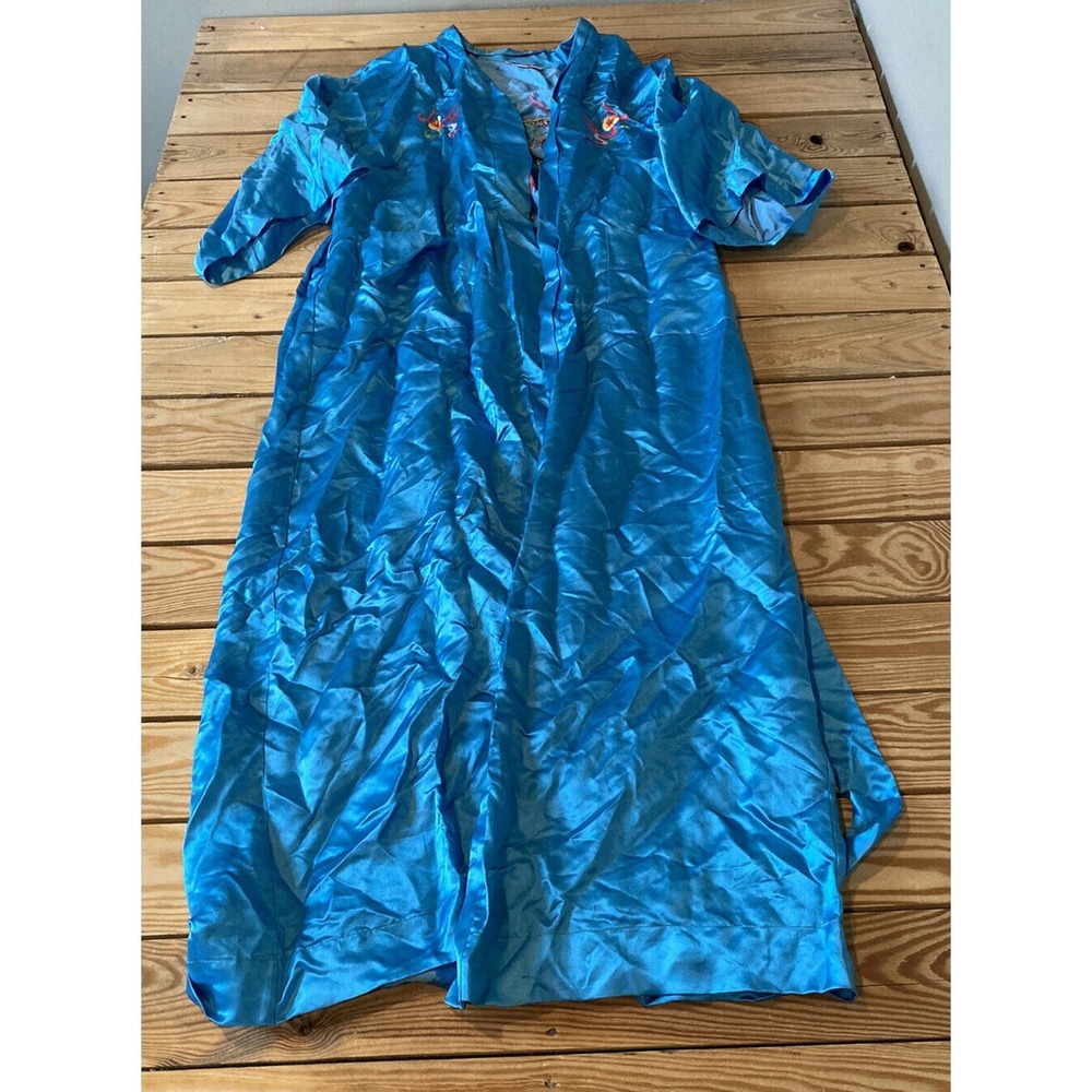 Vintage Peacock Embroidered 100% Silk Robe Kimono with Tie Medium Women’s Blue